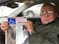 David Rowe, 83, of London says staff at London's provincial court took his handicapped parking pass away from him calling it "counterfeit." Rowe says all he did was laminate the card, but city staff, while declining to discuss an individual case, say they don't take passes away merely for being laminated.  (Mike Hensen/The London Free Press)