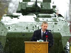 Londoner Sean Wilson, brother of trooper Mark Wilson who died in Afghanistan, speaks at the commemoration of the LAVIII memorial at Wolseley Barracks.  (Mike Hensen/The London Free Press)