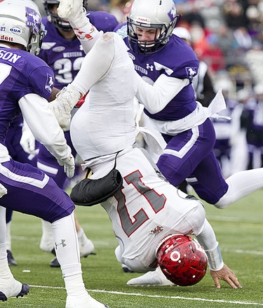 Guelph Gryphon quarterback Theodore Landers is upended by Western Mustang Jacob Andrews during the Yates Cup OUA championship game at TD Stadium in London, Ont. on Saturday November 10, 2018. Western won the game 63-14. Derek Ruttan/The London Free Press/Postmedia Network