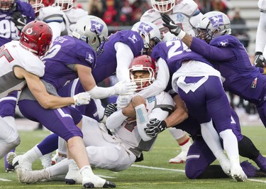 Guelph Gryphon quarterback Theodore Landers is crushed by five Western Mustangs during the Yates Cup OUA championship game at TD Stadium in London, Ont. on Saturday November 10, 2018. Western won the game 63-14. Derek Ruttan/The London Free Press/Postmedia Network
