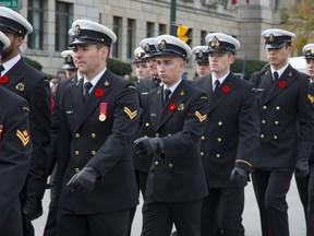 Members of the navy march during the Remembrance Day service at the cenotaph in London  on Sunday Nov. 11, 2018. (Derek Ruttan/The London Free Press)
