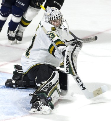 Jordan Kooy of the London Knights makes a toe save during their game against the Kitchener Rangers Budweiser Gardens in London, Ont. on Sunday November 11, 2018. Derek Ruttan/The London Free Press/Postmedia Network