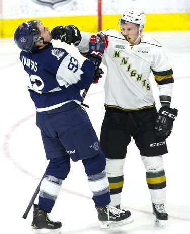 William Lochead of the London Knights pops Jonathan Yantsis after  the Kitchener Ranger gave him a face-wash during their game at Budweiser Gardens in London, Ont. on Sunday November 11, 2018. Derek Ruttan/The London Free Press/Postmedia Network