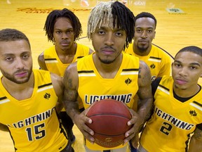The London Lightning start their season Thursday night against the Windsor Express at Budweiser Gardens. The Lightning will be wearing their new team jerseys, Garrett Williamson, A.J. Gaines, Mo Bolden, Kevin Ware, and Xavier Moon.  (Mike Hensen/The London Free Press)