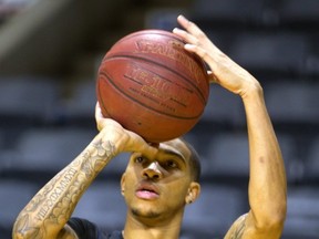 Xavier Moon a guard for the London Lightning works on his shot during a practice at Budweiser Gardens.  (Mike Hensen/The London Free Press)