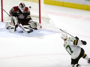 Nathan Dunkley of the London Knights opens the scoring with a wrister over the shoulder of Peterborough Petes goaltender Hunter Jones during the first period of their game Friday at Budweiser Gardens. 
(Mike Hensen/The London Free Press)