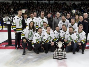 Several members of the 2005 Memorial Cup champion London Knights reunite at Budweiser Gardens Thursday to celebrate their selection as Team of the Century in a Canadian Hockey League poll. (DEREK RUTTAN, The London Free Press)