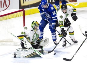 Mississauga Steelheads forward Alan Lyszczarczyk and London defenceman Alex Regula battle for the puck in front of Knights goalie Joseph Raaymakers during an OHL game on November 22, 2018 in London. (Free Press file photo)