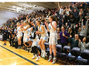 The Lucas bench and home crowd erupt at the game-winning bucket with seconds left to play, making the score 55-53 over Brantford Collegiate at home Friday during the OFSAA AAA tournament. Lucas led early but fell behind in the second and third quarter before pulling out the squeaker win and moving on to the final four. (Mike Hensen/The London Free Press)