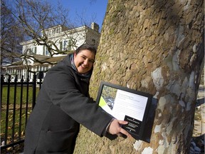 Nikki Michienzi, museum co-ordinator at Eldon House, hugs its newly designated heritage tree on Friday, a 150-year-old sycamore planted by the first owner of Eldon House.  (Mike Hensen/The London Free Press)