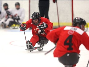 Forest native Tyler McGregor work out the kinks with some speed work during Canada’s para hockey practice Friday at the Western Fair Sports Centre. (MIKE HENSEN, The London Free Press)