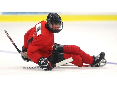 Wallacetown native James Dunn work out the kinks with some speed work during the Team Canada practice session Friday at the Western Fair Sports Centre.  (Mike Hensen/The London Free Press)