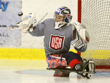 U.S. goaltender Steve Cash warms up with some drills at practice Friday at the Western Fair Sports Centre. (MIKE HENSEN, The London Free Press)