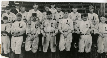 London Mint League team were pennant winners in 1920 in the Michigan Ontario Class 'B' Professinals. The won 86 and lost 32 games. In the back to the left: