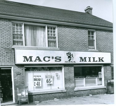 Mac's Milk store, bought by Silverwoods Dairies Ltd., 1968. (London Free Press files)