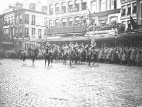 Gen. Arthur Currie and other Canadians in the Grand Place in Mons Nov. 11, 1918. (Library and Archives Canada)