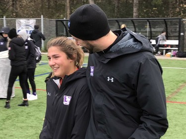 Western goalkeeper coach Mark Haynes talks with Mustangs goalie Megan Girardi after their 1-0 loss to the Ottawa Gee-Gees in the Ontario University Athletics women's soccer championship game Sunday at Western. (Paul Vanderhoeven/The London Free Press)