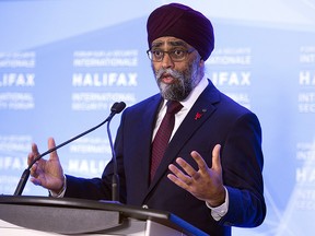Canadian Defence Minister Harjit Sajjan fields questions at the opening news conference of the Halifax International Security Forum in Halifax on Friday, Nov. 16, 2018. (The Canadian Press/Andrew Vaughan)