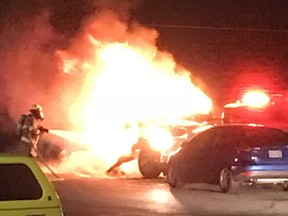 A fiery crash at the intersection of Ron McNeil Line and Highbury Avenue Thursday morning has lead to a police investigation. (Contributed photo/Spencer Taylor)