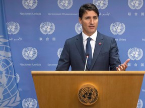 Prime Minister Justin Trudeau speaks during a news conference at the United Nations, Wednesday, Sept. 26, 2018. (THE CANADIAN PRESS/Adrian Wyld)