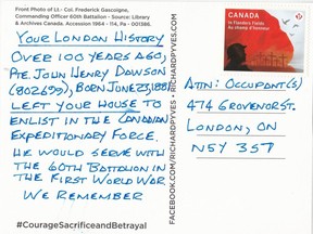 Pickering author Rick Pyves penned 310 personalized postcards to century-old addresses across Canada linked to soldiers from the 60th Battalion, the Victoria Rifles of Canada. This is one of 18 destined for homes in London. (Contributed/Rick Pyves)