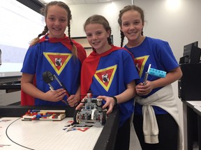 From left Lucy Duffy, Bridget O'Hara and Rylie Duffy at the First Lego league tournament and expo at Western University on Saturday. HEATHER RIVERS/THE LONDON FREE PRESS