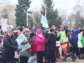 Hundreds of area Francophones and supporters rallied at Victoria Park in London to protest Ford's elimination of a French-speaking university and the transfer of the French-language commissioner to the ombudsman's office. HEATHER RIVERS/THE LONDON FREE PRESS