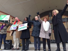 Politicians were united Saturday in support of the rights of the Ontario francophone community at a rally protesting Ford's elimination of a French-language university and an independent French-language commissioner. From left Teresa Armstrong, Terrence Kernaghan, Mitzie Hunter, Peggy Sattler, Irene Mathyssen and Kate Young. HEATHER RIVERS/THE LONDON FREE PRESS