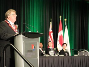 London's 64th Mayor Ed Holder gave his inaugural address at the formal swearing-in ceremony at the London Convention Centre on Dec. 3, 2018. (MEGAN STACEY/The London Free Press)