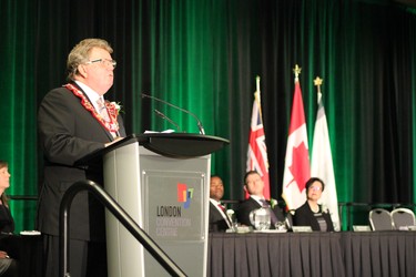 London's 64th Mayor Ed Holder gave his inaugural address at the formal swearing-in ceremony at the London Convention Centre on Dec. 3, 2018. (MEGAN STACEY/The London Free Press)