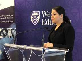 Federal Minister of Status of Women Maryam Monsef speaks at the Western University Monday morning during the launch of the Gender-Based Violence Knowledge Centre, an online platform that will collect data, studies and other information about gender-based violence on a single site that can be accessed by agencies and organizations in the sector. (JONATHAN JUHA, The London Free Press)