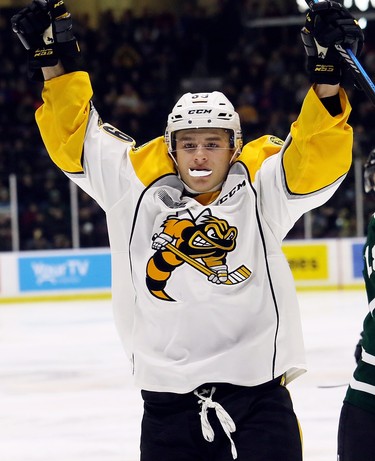 Sarnia Sting's Jamieson Rees (39) celebrates after scoring against the London Knights in the first period at Progressive Auto Sales Arena in Sarnia, Ont., on Sunday, Dec. 30, 2018. (Mark Malone/Chatham Daily News/Postmedia Network)