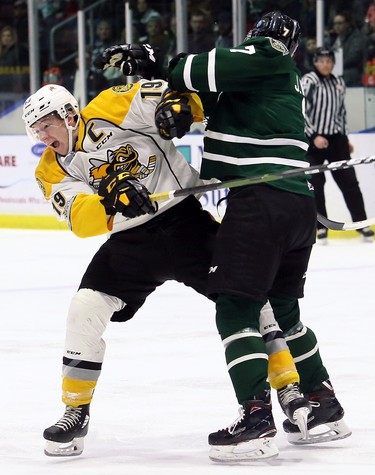 Sarnia Sting's Ryan McGregor (19) is hit by London Knights' Joey Keane (7) in the first period at Progressive Auto Sales Arena in Sarnia, Ont., on Sunday, Dec. 30, 2018. (Mark Malone/Chatham Daily News/Postmedia Network)