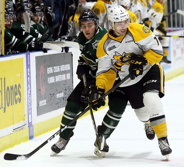Sarnia Sting's Nick Grima (7) battles London Knights' Billy Moskal (76) in the second period at Progressive Auto Sales Arena in Sarnia, Ont., on Sunday, Dec. 30, 2018. (Mark Malone/Chatham Daily News/Postmedia Network)