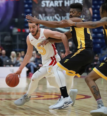 Devin Gilligan of The Sudbury Five makes a run to the net during NBL action against the London Lightning at the Sudbury Community Arena on Sunday afternoon. (Gino Donato Photography/special to Postmedia news)