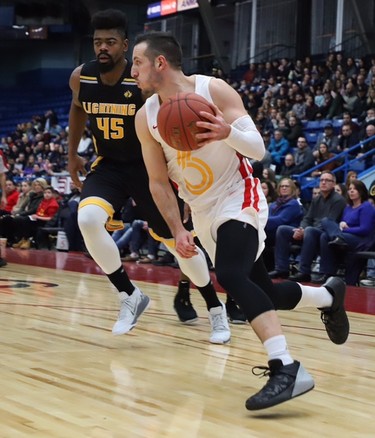 Adam Blazek of The Sudbury Five makes a run with the ball during NBL action against the London Lightning at the Sudbury Community Arena on Sunday afternoon.  (Gino Donato Photography/special to Postmedia news)