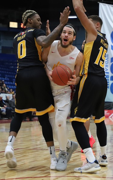 Devin Gilligan of The Sudbury Five makes goes up for a shot during NBL action against the London Lightning at the Sudbury Community Arena on Sunday afternoon. (Gino Donato Photography/special to Postmedia news)
