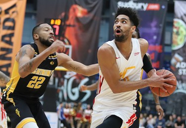 Corey Dixon of The Sudbury Five makes goes up for a shot during NBL action against the London Lightning at the Sudbury Community Arena on Sunday afternoon.  (Gino Donato Photography/special to Postmedia news)