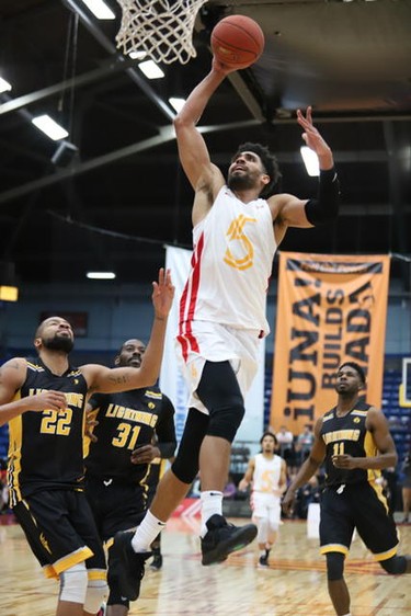 Corey Dixon of The Sudbury Five makes goes up for a shot during NBL action against the London Lightning at the Sudbury Community Arena on Sunday afternoon.  (Gino Donato Photography/special to Postmedia news)