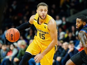 London Lightning's Garrett Williamson drives the lane during an NBL game against the Kitchener Titans in London on Friday, December 21, 2018. (Geoff Robins, Special to The London Free Press)