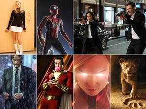 Clockwise from top left: Margot Robbie as Sharon Tate in Once Upon a Time in Hollywood; Tom Holland as Spider-Man; Tessa Thompson and Chris Hemsworth in Men in Black: International; The Lion King; Brie Larson as Captain Marvel; Zachary Levi in Shazam!; and Keanu Reeves as John Wick.