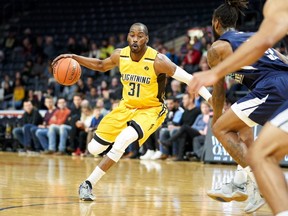 London’s Kirk Williams Jr. takes the ball down court in the first quarter of the Lightning’s National Basketball League of Canada game against the Halifax Hurricanes at Budweiser Gardens on Thursday. The Hurricanes won 107-102.  (GEOFF ROBINS, Special to The London Free Press)