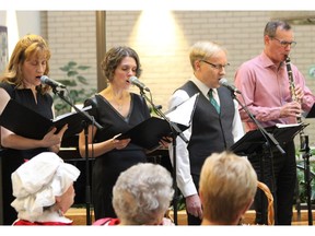 Patients, staff and visitors at London Health Sciences Centre were treated to a Christmas concert courtesy of the Clinic Notes, a choir group made up of nine doctors, on Thursday, Dec. 20, 2018. From left: Muriel Brackstone, Maria Parent, Scott Ernst and Chris Watling. The annual performance first started in 2009. (DALE CARRUTHERS, The London Free Press)