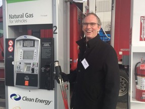 Union Gas distribution business manager Steve Kay celebrates the opening of the new compressed natural gas pumps at the Flying J Travel Centre on Highbury Avenue.