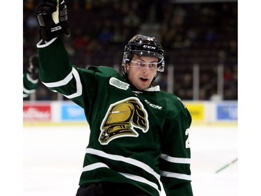 Josh Nelson celebrates after scoring the London Knights' first goal against the Sarnia Sting in the second period at Progressive Auto Sales Arena in Sarnia, Ont., on Wednesday, Dec. 12, 2018. (Mark Malone/Chatham Daily News/Postmedia Network)