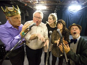 From left, Todd Baubie as Prince Humperdinck, Lance Mercer as Miracle Max, Mara Fraccaro as Princess Buttercup, Catharine Sullivan as Valerie and Tim Bourgard as Grandfather ham it up during a rehearsal of The Princess Bride: An Inconceivable Live Reading at the TAP Centre for Creativity. Based on William Goldman’s novel, Pacheco Theatre’s romantic comedy fantasy adventure that tells the story of Princess Buttercup and true love. Showings are Friday at 8 p.m. and Saturday at 3 p.m. Tickets are $12, available at the box office, 203 Dundas St., online at artsproject.ca, or by calling  519-642-2767. (Mike Hensen/The London Free Press)