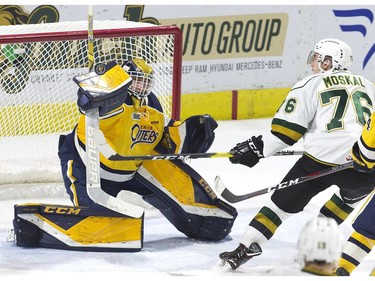 London Knights forward Billy Moskal looks for a rebound as Erie Otters goalie Daniel Murphy blocks a shot in the second period of their game at Budweiser Gardens on Sunday.

Derek Ruttan/The London Free Press/Postmedia Network