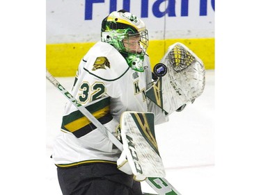 London Knights goalie Joseph Raaymakers makes a save during the team's game against the Erie Otters in the third period of their game at Budweiser Gardens on Sunday.

Derek Ruttan/The London Free Press/Postmedia Network