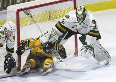 Sarnia Sting forward Jamieson Rees crashes into London Knights goalie Joseph Raaymakers during their OHL game in London, Ont. on Monday December 31, 2018. Derek Ruttan/The London Free Press/Postmedia Network