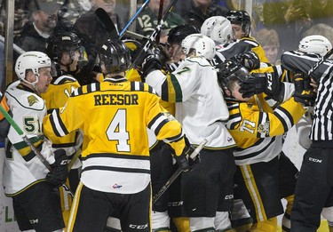 Things get heated during the second period of the OHL game between the London Knights and Sarnia Sting in London, Ont. on Monday December 31, 2018. Derek Ruttan/The London Free Press/Postmedia Network